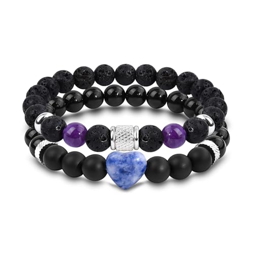 FANCIBAND 2 Stück Doppelter Armband Herren Schwarz Perlen Naturstein Lavagestein Amethyst und Edelstahl Armband Herren Geschenke für Seelenverwandte Ehemann Freund-Blauer Achat von FANCIBAND