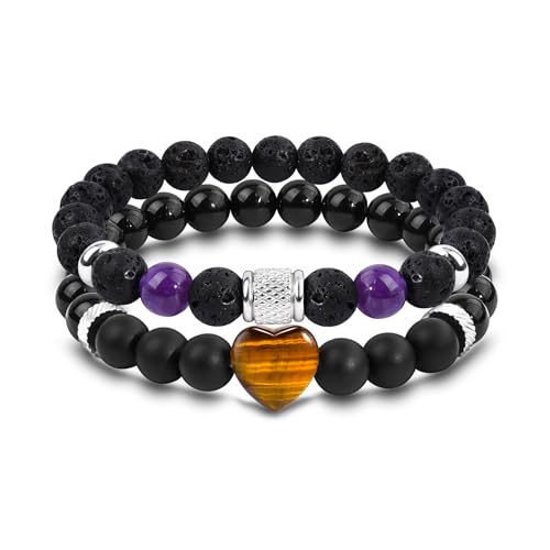 FANCIBAND 2 Stück Doppelter Armband Herren Schwarz Perlen Naturstein Lavagestein Amethyst und Edelstahl Armband Herren Geschenke für Seelenverwandte Ehemann Freund-Tigerauge Stein von FANCIBAND