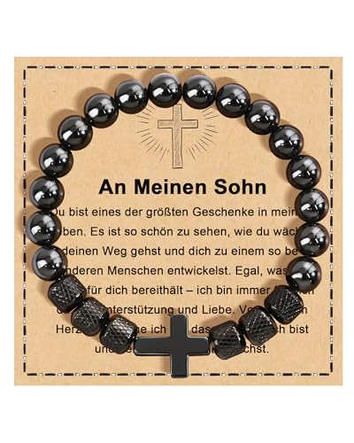FANCIBAND An Meinen Sohn Kreuz Armband Herren Obsidian Perlen 8mm, Armbänder Christliche Geschenke Konfirmation Kommunion Ostern Geburtstag Abschluss Thanksgiving Weihnachten von FANCIBAND