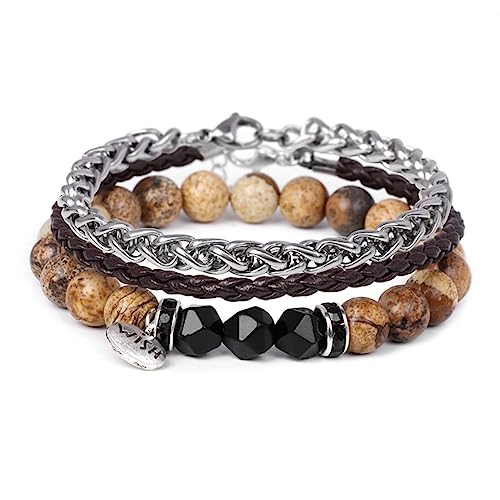 FANCIBAND Armband Herren Leder Edelstahl Und Perlen Naturstein Armband Herren Personalisiert Geschenke FüR MäNner Ehemann Freund Bruder-Landschaftsstein von FANCIBAND