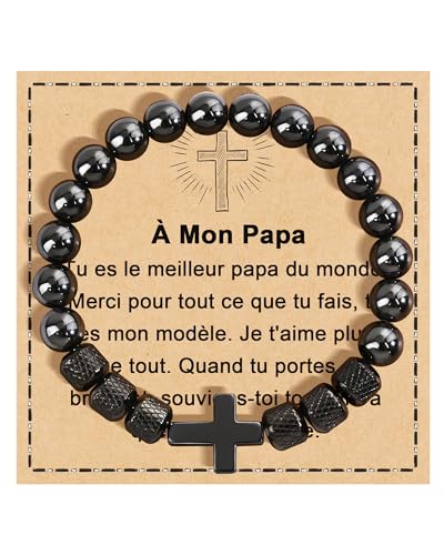 FANCIBAND Bester Papa Geschenk, Kreuz Armband Herren Obsidian Perlen 8mm von FANCIBAND