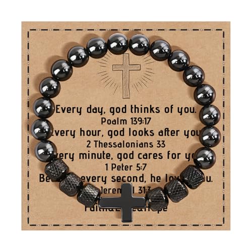 FANCIBAND Kreuz Armband Herren Jungen Perlenarmband Herren mit 8mm Obsidian Perlen Armbänder Christliche Geschenke Konfirmation Kommunion Ostern Geburtstag Thanksgiving Weihnachten von FANCIBAND