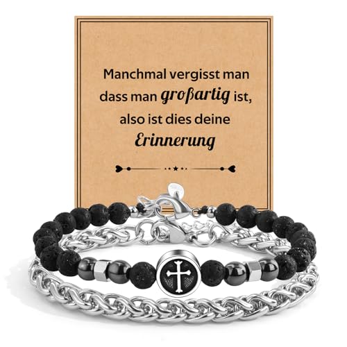 FANCIBAND Kreuz Armband Herren Perlenarmband Edelstahl Naturstein Armband Christliche Geschenke Konfirmation Kommunion Ostern Geburtstag Geschenke für Mann Sohn Enkel Neffe Bruder (Schwarz-A) von FANCIBAND