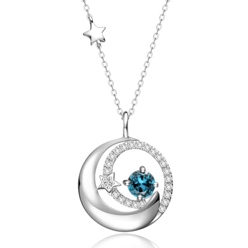 925 Sterling Silber Halskette Stern und Mond Anhänger, Dezember Geburtsstein Kette mit Natürlicher Blau Topas, Valentinstag Jahrestag Geburtstag Weihnachten Schmuck Geschenk Für Damen Mädchen Frauen von FANCIME