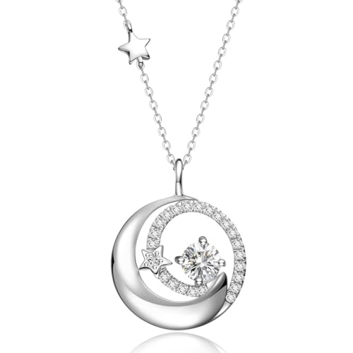 925 Sterling Silber Weiß Gold Halskette Stern und Mond Anhänger, April Geburtsstein Kette mit Zirkonia, Valentinstag Jahrestag Geburtstag Weihnachten Schmuck Geschenk Für Damen Mädchen Frauen Mutter von FANCIME