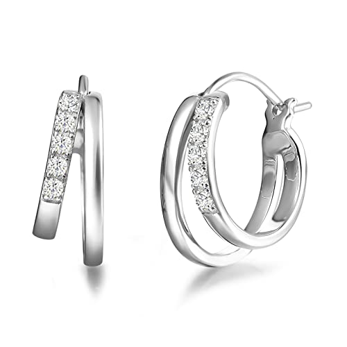 Creolen Ohrringe Breite Huggie aus 925 Sterling Silber mit Weißgold Plattiert mit Funkelnd Zirkonia Schmuck für Damen Frauen Mädchen - Durchmesser: 18 mm, Breite 7 mm von FANCIME