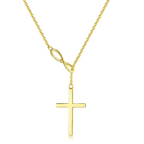 Damen Halskette aus 925 Sterling Silber Gelb Gold Plattiert mit Unendlichkeit Kreuz Christian Anhänger Infinity Kette für Frauen Mädchen Baby Kinder - Verstellbar Kettenlänge: 40 + 5 cm von FANCIME