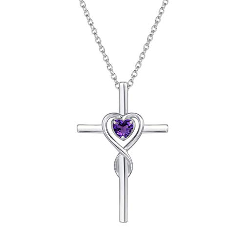 Damen Halskette mit Unendlichkeit Symbol Kreuz Anhänger Kette Infinity aus 925 Sterling Silber mit Natürlicher Amethyst Edelstein Herz Form Februar Geburtsstein - Verstellbar Kettenlänge: 40 + 5 cm von FANCIME