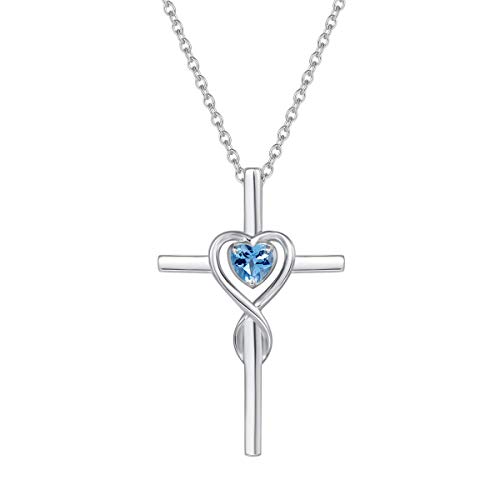 Damen Halskette mit Unendlichkeit Symbol Kreuz Anhänger aus 925 Sterling Silber, Natürlicher Blau Topas Edelstein Herz Form November Geburtsstein Kette - Verstellbar Kettenlänge: 40 + 5 cm von FANCIME