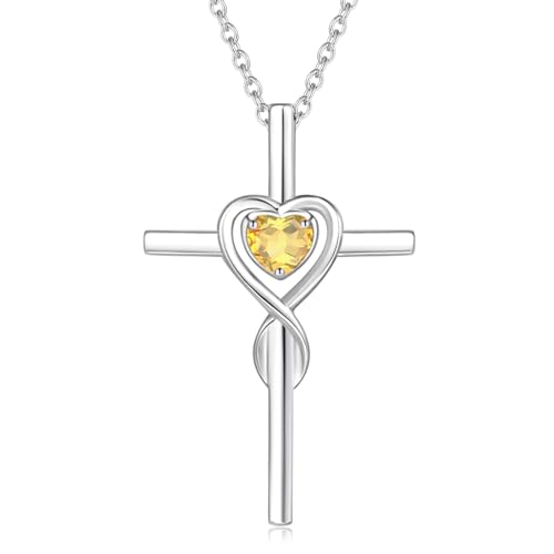 Damen Halskette mit Unendlichkeit Symbol Kreuz Anhänger Kette Infinity aus 925 Sterling Silber mit Natürlicher Citrin Edelstein Herz Form Juli Geburtsstein - Verstellbar Kettenlänge: 40 + 5 cm von FANCIME