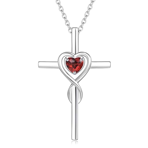 Damen Halskette mit Unendlichkeit Symbol Kreuz Anhänger Kette Infinity aus 925 Sterling Silber mit Natürlicher Granat Edelstein Herz Form Januar Geburtsstein - Verstellbar Kettenlänge: 40 + 5 cm von FANCIME