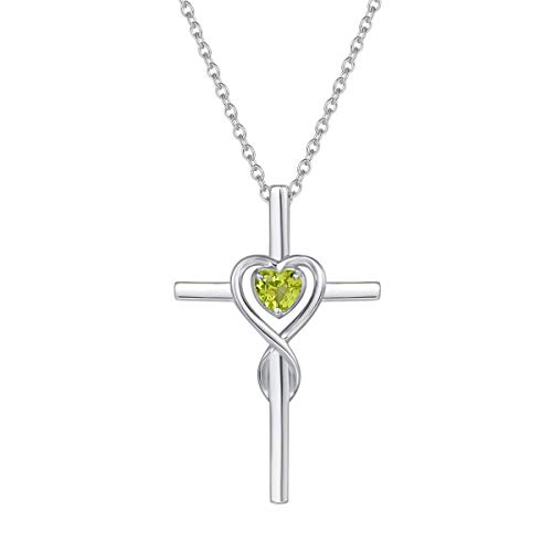 Damen Halskette mit Unendlichkeit Symbol Kreuz Anhänger Kette Infinity aus 925 Sterling Silber mit Natürlicher Peridot Edelstein Herz August Geburtsstein Schmuck - Verstellbar Kettenlänge: 40 + 5 cm von FANCIME