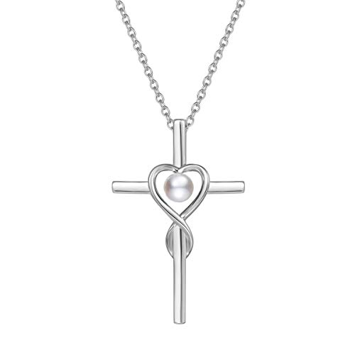 Damen Halskette mit Unendlichkeit Symbol Kreuz Anhänger Kette Infinity aus 925 Sterling Silber mit Natürlicher Perlen Edelstein Herz Form Juni Geburtsstein - Verstellbar Kettenlänge: 40 + 5 cm von FANCIME