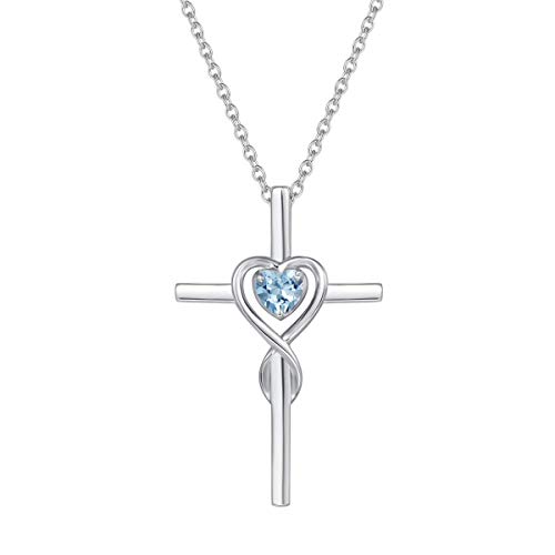 Damen Halskette mit Unendlichkeit Symbol Kreuz Anhänger Kette Infinity aus 925 Sterling Silber mit Synthetischer Aquamarin Edelstein Herz Form März Geburtsstein - Verstellbar Kettenlänge: 40 + 5 cm von FANCIME