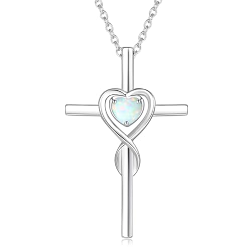 Damen Halskette mit Unendlichkeit Symbol Kreuz Anhänger Kette Infinity aus 925 Sterling Silber mit Synthetischer Opal Edelstein Herz Form Oktober Geburtsstein - Verstellbar Kettenlänge: 40 + 5 cm von FANCIME