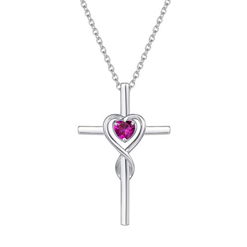 Damen Halskette mit Unendlichkeit Symbol Kreuz Anhänger Kette Infinity aus 925 Sterling Silber mit Synthetischer Rubin Edelstein Herz Form Juli Geburtsstein - Verstellbar Kettenlänge: 40 + 5 cm von FANCIME