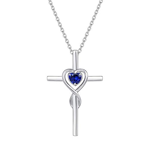 Damen Halskette mit Unendlichkeit Symbol Kreuz Anhänger Kette Infinity aus 925 Sterling Silber mit Synthetischer Saphir Edelstein Herz Form September Geburtsstein - Verstellbar Kettenlänge: 40 + 5 cm von FANCIME