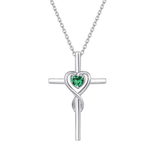 Damen Halskette mit Unendlichkeit Symbol Kreuz Anhänger Kette Infinity aus 925 Sterling Silber mit Synthetischer Smaragd Edelstein Herz Form Mai Geburtsstein - Verstellbar Kettenlänge: 40 + 5 cm von FANCIME