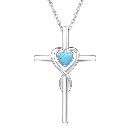 Damen Halskette mit Unendlichkeit Symbol Kreuz Anhänger Kette Infinity aus 925 Sterling Silber mit Synthetischer Türkis Edelstein Herz Form Dezember Geburtsstein - Verstellbar Kettenlänge: 40 + 5 cm von FANCIME