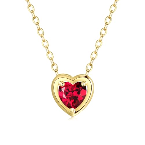 Damen Kette mit Herz Geburtsstein Natürlicher Granat Anhänger aus Solide 14K 585 Gelb Gold Halskette Valentinstag Geschenkschmuck für Damen Mädchen, Verstellbar Kettenlänge: 45 cm von FANCIME