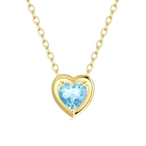 FANCIME Damen Kette mit Herz Geburtsstein Aquamarin Anhänger aus Solide 14K 585 Gelb Gold Halskette Valentinstag Geschenkschmuck für Damen Mädchen, Verstellbar Kettenlänge: 45 cm von FANCIME