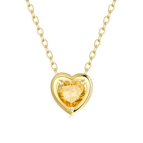 FANCIME Damen Kette mit Herz Geburtsstein Natürlicher Citrin Anhänger aus Solide 14K 585 Gelb Gold Halskette Valentinstag Geschenkschmuck für Damen Mädchen, Verstellbar Kettenlänge: 40+5 cm von FANCIME