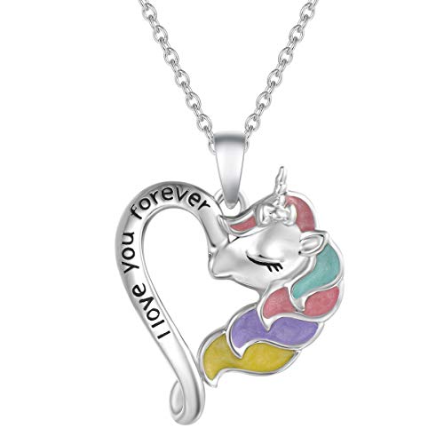 Einhorn Anhänger Kette aus 925 Sterling Silber mit Emaille Art Plattiert Herz-Forme Unicorn Schmuck für Damen Kinder, mit Geschenk Box - Verstellbar Armkette: 40 + 5 cm von FANCIME