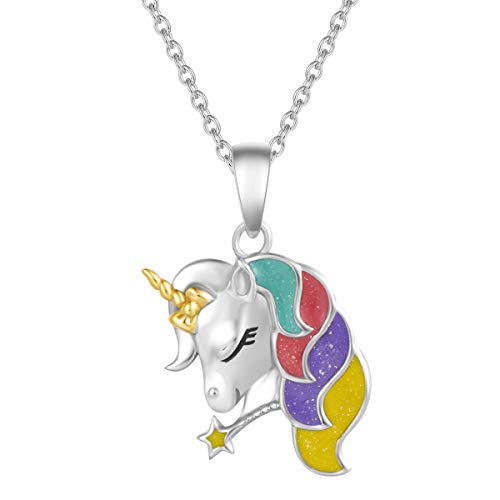 Einhorn Anhänger Kette aus 925 Sterling Silber mit Emaille Art Plattiert Herz-Forme Unicorn Schmuck für Damen Kinder, mit Geschenk Box - Verstellbar Armkette: 40 + 5 cm von FANCIME