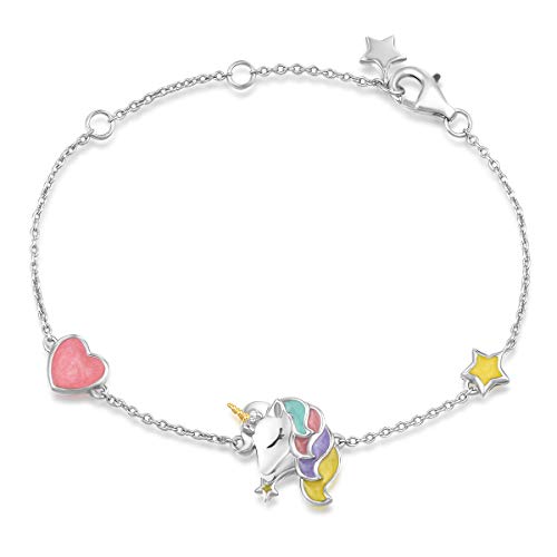 Einhorn Armband aus 925 Sterling Silber mit Emaille Art Plattiert Herz-Forme Unicorn Schmuck für Damen Kinder, mit Geschenk Box - Verstellbar Armkette: 17 + 3 cm von FANCIME