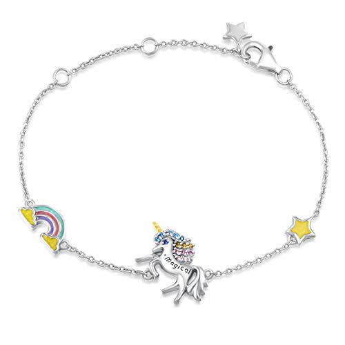 FANCIME Einhorn Armband aus 925 Sterling Silber mit Emaille Art Plattiert Regenbogen-Forme Unicorn Schmuck für Damen Kinder, mit Geschenk Box - Verstellbar Armkette: 17 + 3 cm von FANCIME