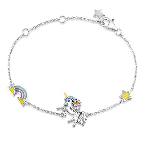 Einhorn Armband aus 925 Sterling Silber mit Emaille Art Plattiert Regenbogen-Forme Unicorn Schmuck für Damen Kinder, mit Geschenk Box - Verstellbar Armkette: 17 + 3 cm von FANCIME