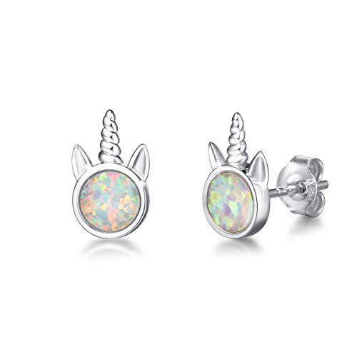 FANCIME Einhorn Ohrringe Ohrstecker 925 Sterling Silber mit Synthetischer Weiß Opal Unicorn Schmuck für Damen Kinder, mit Geschenk Box - Größe: 10 * 6 mm von FANCIME