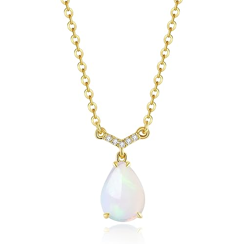 FANCIME 14 Karat 585 Gelb Gold mit Tropfen Opal Edelstein Anhänger Halskette mit Natürlich Zirkon Geschenk Schmuck für Damen Mädchen, Kettenlänge: 40+5 cm von FANCIME