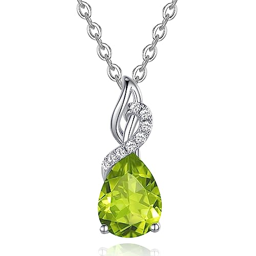 FANCIME 14 Karat 585 Weiß Gold Tropfen Anhänger mit 925 Silber Kette Edelstein Halskette Natürlich Peridot 0.28ct Diamant Geschenk Schmuck für Damen von FANCIME