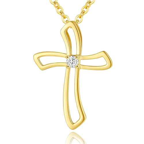 FANCIME 14 Karat Gelb Gold Gerahmter Kreuz Anhänger Kette echt Diamant 0.032 ct, Firmung Taufe Schmuck für Damen Frauen Mädchen, Kettenlänge: 40 + 5 cm von FANCIME