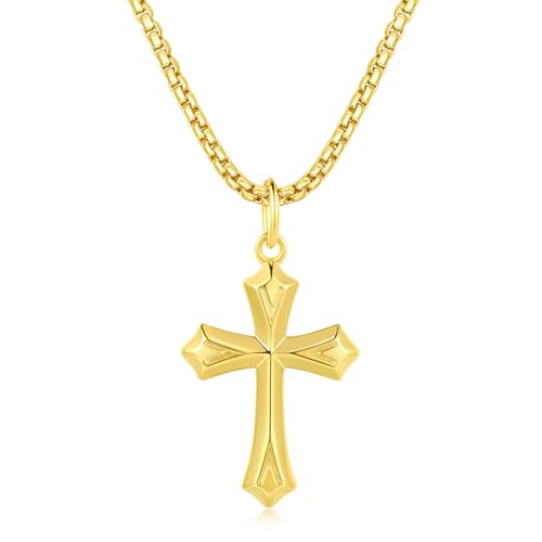 FANCIME 925 Sterling Silber Gelb Gold Vergoldet Kreuz Anhänger Gotisch Poliert mit Edelstahl Kette für Herren Jungs Kinder - Kettenlänge: 60 cm von FANCIME