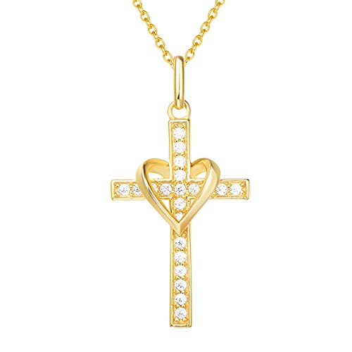 FANCIME 925 Sterling Silber Gold Vergoldet Herz Anhänger Kreuz Kette für Frauen Mädchen Baby Kinder - Kettenlänge: 40 + 5 cm von FANCIME