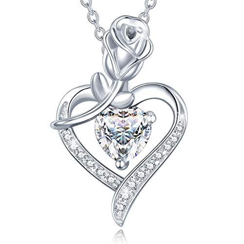 FANCIME 925 Sterling Silber Weiß Vergoldet Halskette Rose Herz Anhänger April Geburtsstein Kette Mit Zirkonia Valentinstag Jahrestag Geburtstag Weihnachten Schmuck Geschenk Für Damen Frauen - 40+5 cm von FANCIME