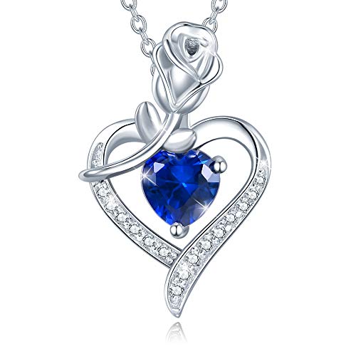 FANCIME 925 Sterling Silber Halskette Rose Herz Anhänger September Geburtsstein Kette Mit Synthetisch Saphir Blau Valentinstag Jahrestag Geburtstag Weihnachten Schmuck Geschenk Für Damen Frauen von FANCIME