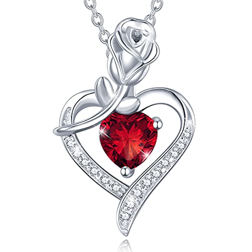 FANCIME 925 Sterling Silber Halskette Rose Herz Anhänger Juli Geburtsstein Kette Mit Synthetisch Rubin Rot Valentinstag Jahrestag Geburtstag Weihnachten Schmuck Geschenk Für Damen Frauen - 40 + 5 cm von FANCIME