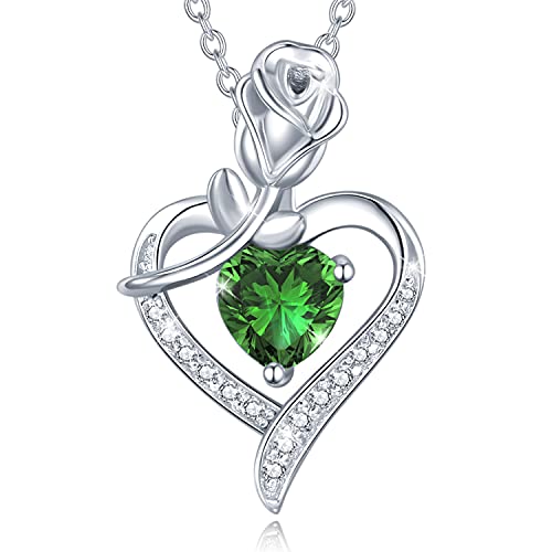 FANCIME 925 Sterling Silber Halskette Rose Herz Anhänger Mai Geburtsstein Kette Mit Synthetisch Grünes Smaragd Valentinstag Jahrestag Geburtstag Weihnachten Schmuck Geschenk Für Damen Frauen von FANCIME