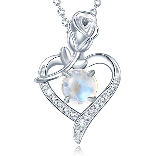 FANCIME 925 Sterling Silber Halskette Rose Herz Anhänger Juni Geburtsstein Kette Mit Natürlicher Mondstein Valentinstag Jahrestag Geburtstag Weihnachten Schmuck Geschenk Für Damen Frauen - 40+5 cm von FANCIME