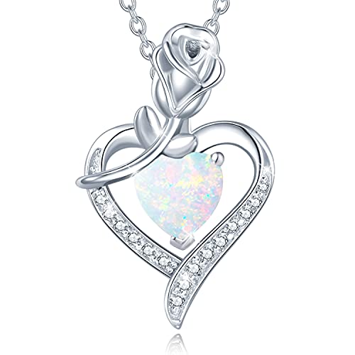 FANCIME 925 Sterling Silber Halskette Rose Herz Anhänger Oktober Geburtsstein Kette Mit Synthetisch Weiß Opal Valentinstag Jahrestag Geburtstag Weihnachten Schmuck Geschenk Für Damen Frauen - 40+5 cm von FANCIME