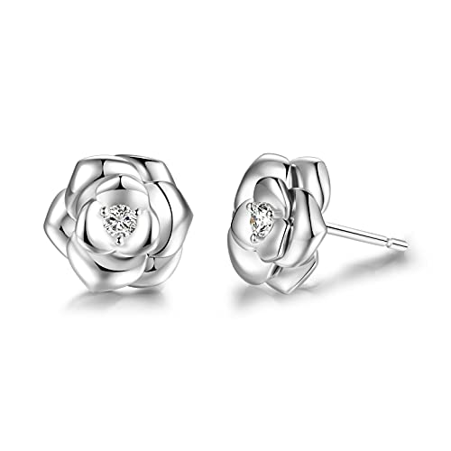 FANCIME 925 Sterling Silber Ohrringe mit Zirkonia, Rose Blume Ohrstecker Weißgold Plattiert, Schmuck Geschenk für Damen Mädchen Mutter von FANCIME