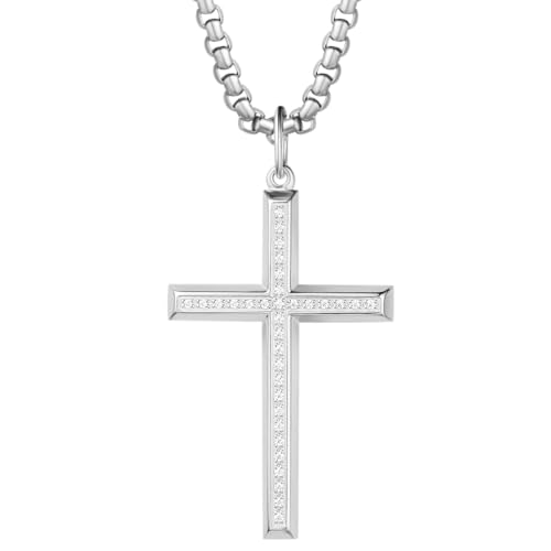 FANCIME 925 Sterling Silber Weiß Vergoldet Kreuz Anhänger mit Rundschliff Funkelnde Zirkonia Halskette mit Edelstahl Kette für Herren Jungs Kinder - Kettenlänge: 60 cm von FANCIME