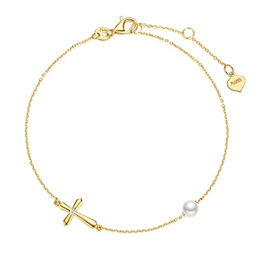 FANCIME Armband für Damen mit Kreuz Anhänger aus 14 Karat 585 Gelb Gold Charm Perlen Armkette Schmuck Geschenk für Mädchen Kinder, Armbandlänge 17+3 cm von FANCIME