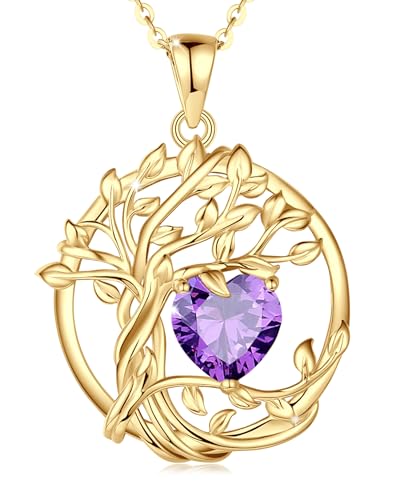 FANCIME Baum des Lebens Amethyst Kette, Februar Geburtstein Halskette Damen Sterling Silber Gelbvergoldet Schmuck Rot Edelstein Anhänger Geburtstag Mütter Geschenke für Frauen Frau von FANCIME