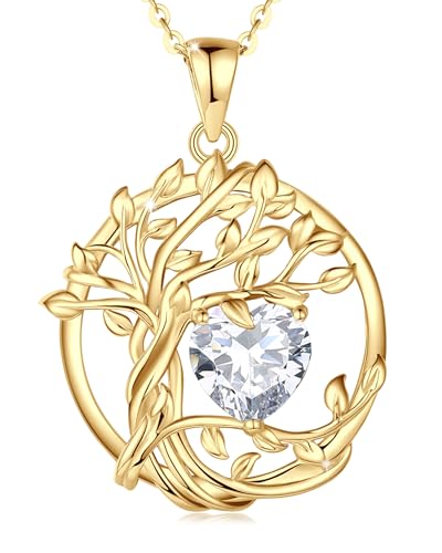 FANCIME Baum des Lebens April Geburtstein Halskette Damen Sterling Silber Kette Gelbgold vergoldet simulierte Diamant Anhänger Cubic Zirkonia CZ Geburtstag Mütter Tag Geschenke für Frauen Frau Mutter von FANCIME