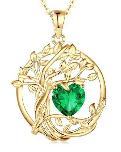 FANCIME Baum des Lebens Geburtstein Halskette Damen Sterling Silber Kette Gelbgold vergoldet Smaragd Anhänger Mai Geburtstag grün Edelstein Jahrestag Mütter Tag Geschenke für Frauen Mama Freundin Frau von FANCIME