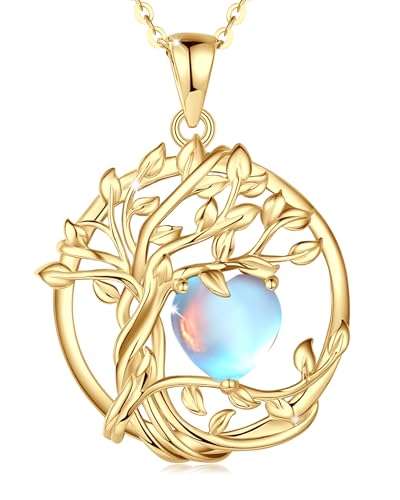FANCIME Baum des Lebens Mondstein Halskette Sterling Silber Kette Gelbgold vergoldet Juni Geburtstein Anhänger Regenbogen Edelstein Geburtstag Mütter Tag Geschenke für Frauen Frau Mama Ihr von FANCIME
